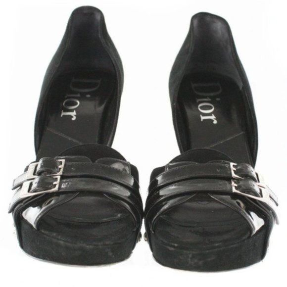 CHRISTIAN DIOR Black Suede Semi Plat Open Toe Pumps Size 6 - Picture 2 of 7